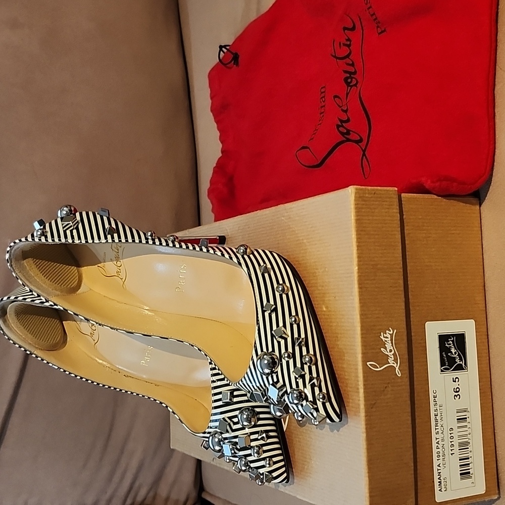 Christian Louboutin Aimanta B&W Striped Women's Heels - EUC 👠 Size 36.5